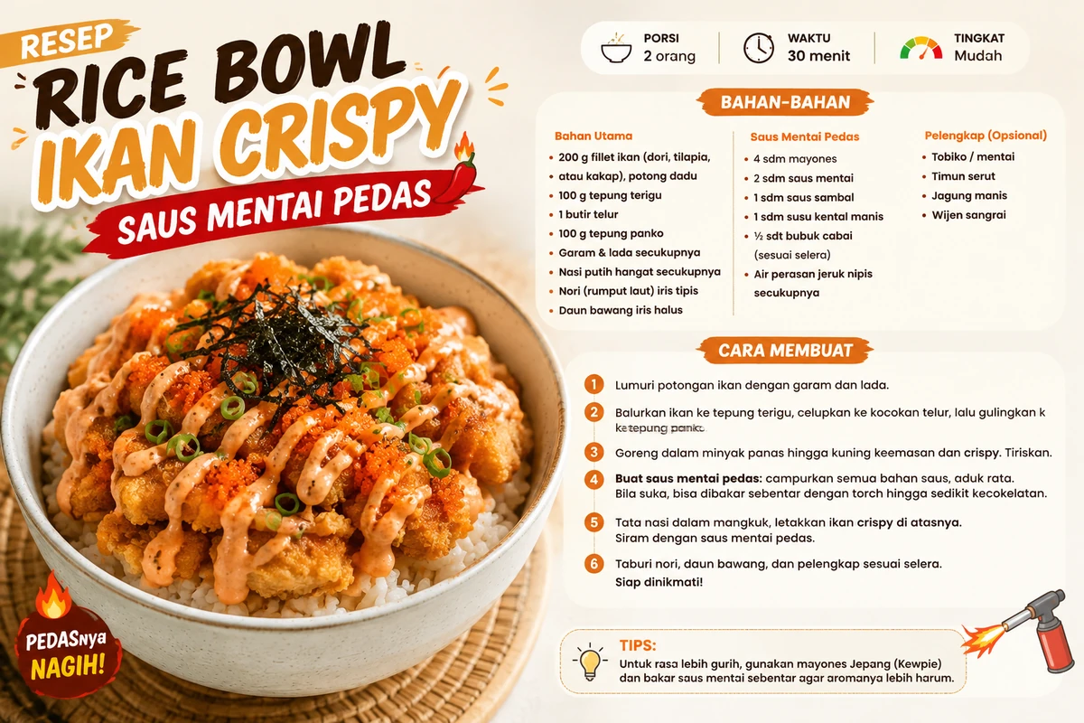 Resep Rice Bowl Ikan Crispy Saus Mentai Pedas Kekinian